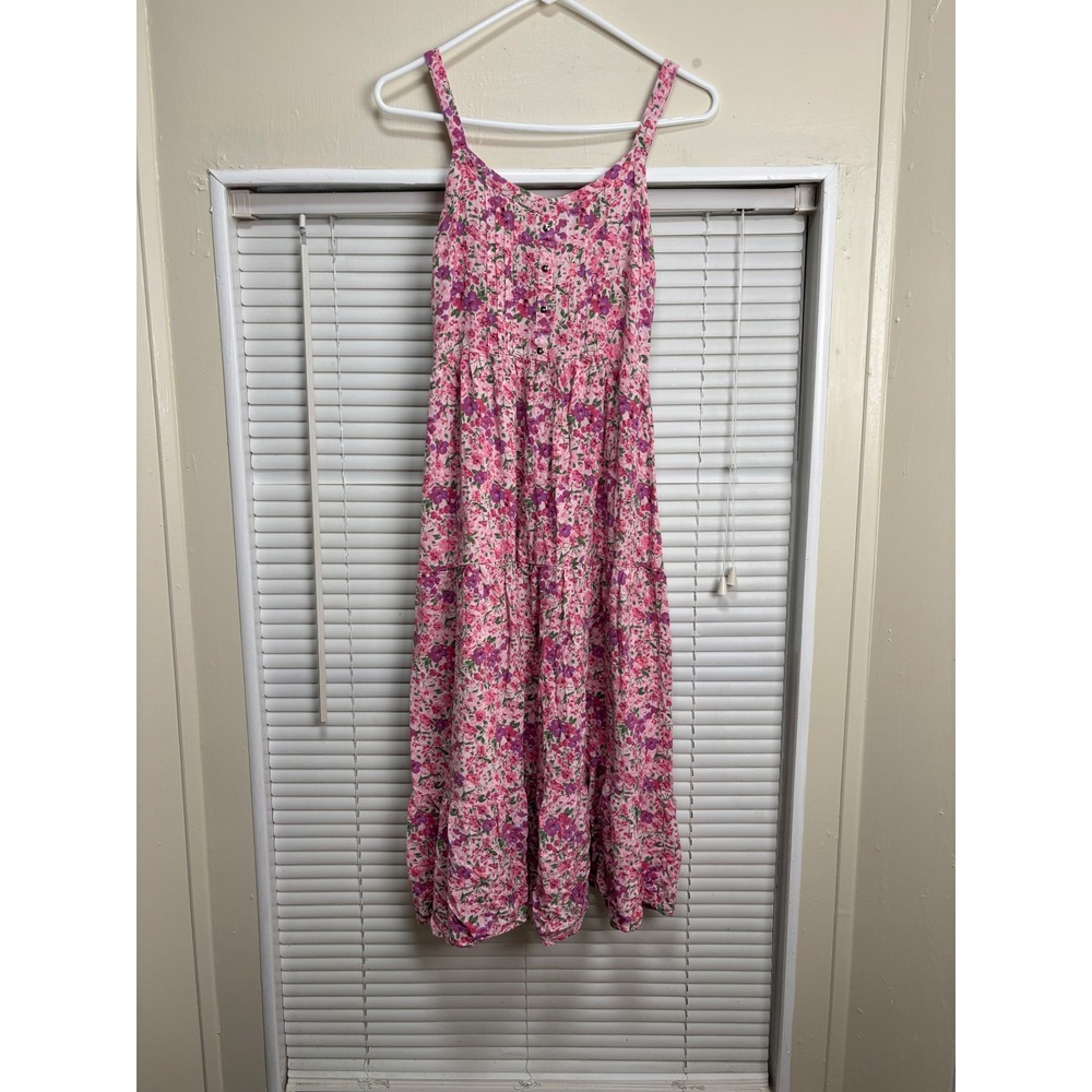 Indigo Rose Pink Purple Floral Tiered Midi Dress Smocked Back Rayon Womens Med